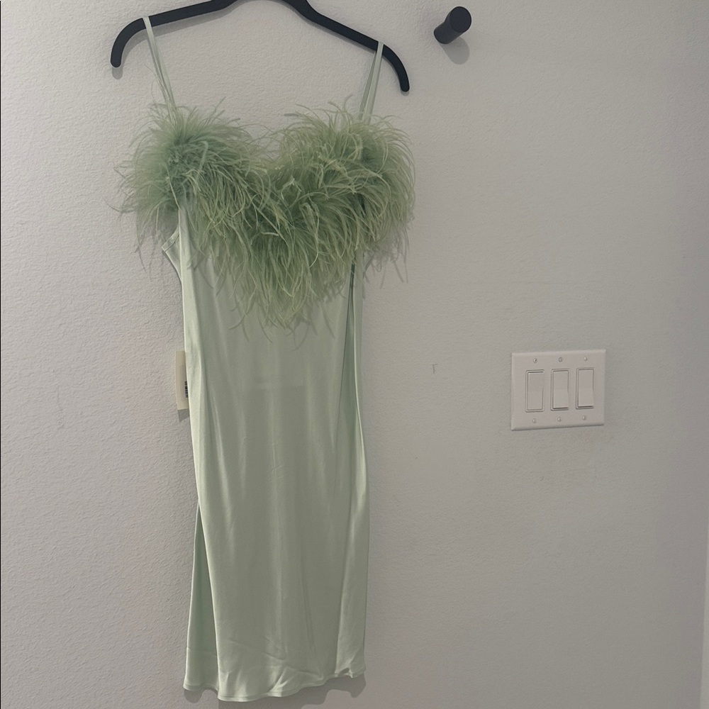 SLEEPER Green Feather Trim Slip Dress